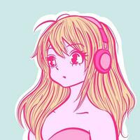 Illustration of a lofi anime girl wearing headphones and listening to music. Vector of a manga japanese doll with pastel colors