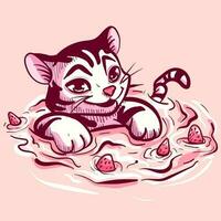 Digital art of a tiger swimming in a pool with milk and strawberries. Vector of a wild feline floating in water.