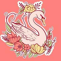 Illustration of a swan with floral decorations around it. Vector of a duck bird with flowers, roses and leaves