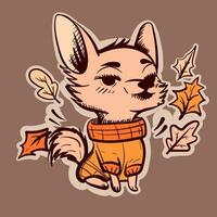 illustration of a cute chihuahua wearing a fall sweater. Vector of a small dog with leaves around it