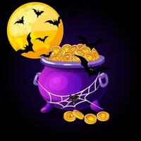 Halloween illustration. Full moon, pot of money and spider. vector