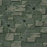 Cartoon Stone wall texture with spider web for 2D game. Halloween texture vector