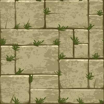 Cartoon stone pavement seamless pattern, brick wall texture, cracked rock paver on grass. Stone pavement design
