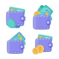 billetera con efectivo y crédito tarjetas dinero gasto concepto 3d vector ilustración