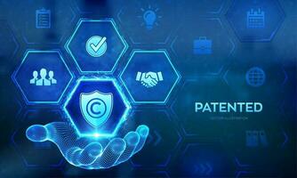 patentado patentar derechos de autor ley. derechos de autor icono en estructura metálica mano. autor derechos, patentado intelectual propiedad negocio tecnología concepto en virtual pantalla. vector ilustración.