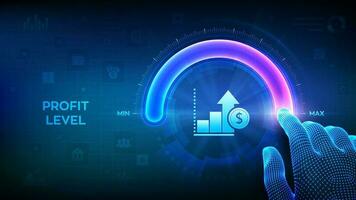 Increasing Profit Level. Wireframe hand is pulling up to the maximum position circle progress bar with the profit icon. Finance concept of profitability or return on investment. Vector illustration.