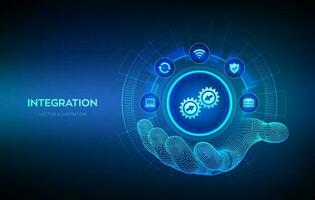 Integration data system. System Integration technology concept in robotic hand. Industrial and smart technology. Business and automation solutions. Vector illustration.