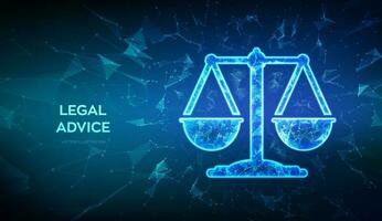 Labor law, Lawyer, Attorney at law, Legal advice concept. Abstract low polygonal 3D balance scales made of polygons, triangles, points and lines. Cyberlaw, online lawyer advice. Vector illustration.