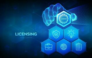 Licensing. License agreement. Copyright protection law license property rights. Business technology concept. Wireframe hand places an element into a composition visualizing Licensing. Vector. vector