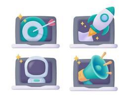 The rocket pierced the computer screen. concept of striving towards business goals 3d vector illustration