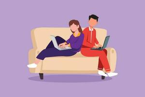 Cartoon flat style drawing romantic couple using laptop on sofa and obsessed with device gadget, people internet technology addiction. Man and woman working at home. Graphic design vector illustration