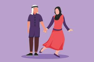 Graphic flat design drawing happy man pulled woman hand at outdoor park. Arabian couple walking on romantic honeymoon promenade holiday. Cute couple summer vacation. Cartoon style vector illustration