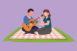 Cartoon flat style drawing romantic couple of lovers has picnic on nature park. Happy man playing music on guitar, pretty girl listening and singing a song together. Graphic design vector illustration