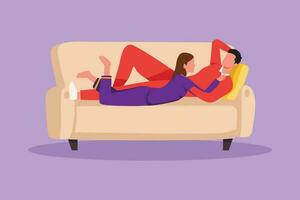 Cartoon flat style drawing beautiful woman and man in love lying and talking on comfortable couch. Romantic couple on cozy sofa relaxing together at home in evening. Graphic design vector illustration