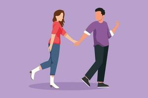 Graphic flat design drawing young romantic couple man and pretty woman walking and holding hand together at park. Happy family husband and wife or parenting concept. Cartoon style vector illustration