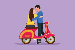 Cartoon flat style drawing happy man and woman kissing each other on motorcycle. Scooter, travel, couple, adventure, ride concept. Family couple travel by scooter. Graphic design vector illustration