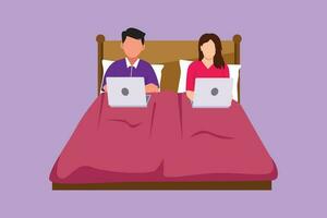 Character flat drawing busy couple in bed. Man and woman with laptop surfing internet. Happy marriage activity before sleep. Romantic couple resting at cozy bedroom. Cartoon design vector illustration