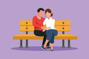 Graphic flat design drawing romantic couple dating at park. Cute man and woman sitting on bench in city park. Happy family. Intimacy celebrates wedding anniversary. Cartoon style vector illustration