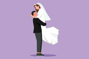 Graphic flat design drawing of happy handsome man carrying and embracing woman with wedding dress. Sweet romantic married couple relationship celebrate wedding party. Cartoon style vector illustration