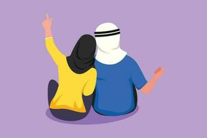 Cartoon flat style drawing girl in love sit lay on shoulder her boyfriend and looking at moon and stars. Happy Arab man and woman enjoying romantic night together. Graphic design vector illustration