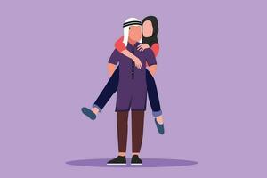 Graphic flat design drawing happy man carrying and embracing woman at park. Romantic Arabian couple in love. Young couple relationship celebrate wedding anniversary. Cartoon style vector illustration