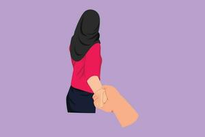 Cartoon flat style drawing beauty Arab woman holding man hand while leading him on nature outdoor. Romantic couple in love and promise to be faithful to each other. Graphic design vector illustration