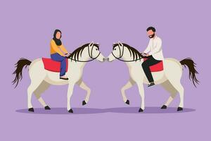 Cartoon flat style drawing romantic Arabian couple in love riding horse together at meadow. Man and woman meet for dating with ride horse. Engagement, love relation. Graphic design vector illustration