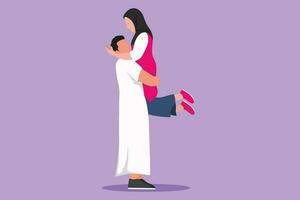 Character flat drawing romantic Arabian couple hugging and encircling their lovers with arms. Beautiful woman jumping into man embrace. Relationship, love, dating. Cartoon design vector illustration