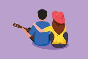 Character flat drawing romantic couple playing guitar on summer season. Woman hugging her boyfriend, sitting at park with guitar. Romantic couple dating on outdoor. Cartoon design vector illustration