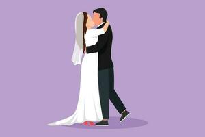 Graphic flat design drawing loving married couple kissing, hugging and holding hands. Happy man wearing suit and pretty woman with dress in wedding celebration party. Cartoon style vector illustration