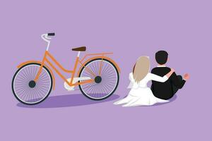 Graphic flat design drawing back view of romantic married couple sitting outdoors with bicycle next to them. Happy man and pretty woman in love wearing wedding dress. Cartoon style vector illustration