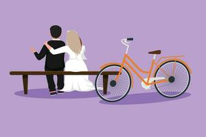 Character flat drawing back view of romantic married couple chatting or talking while sitting on bench. Happy man with suit and woman with wedding dress riding bike. Cartoon design vector illustration