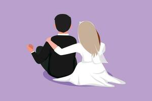 Cartoon flat style drawing married girl in love sit lay on shoulder her husband and looking at moon and stars. Man and beauty woman enjoying romantic night together. Graphic design vector illustration