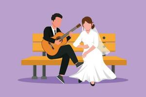 Cartoon flat style drawing married couple sitting on wooden bench in park. Man playing music on guitar, beautiful girl listen and singing together at wedding party. Graphic design vector illustration