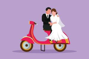 Character flat drawing married riders couple trip travel relax. Romantic couple in honeymoon moment sitting and talking on motorcycle. Man with woman riding scooter. Cartoon design vector illustration