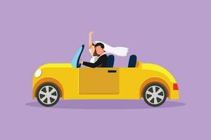 Cartoon flat style drawing elegant couple on road trip in retro car. Man and woman with wedding dress waving hands in vehicle. Married couple romantic relationship. Graphic design vector illustration