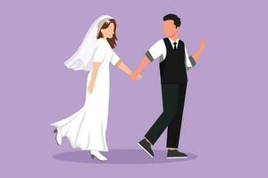 Cartoon flat style drawing happy man pulled pretty woman hand with wedding party. Romantic couple walking on romantic honeymoon promenade holiday. Summer vacation. Graphic design vector illustration