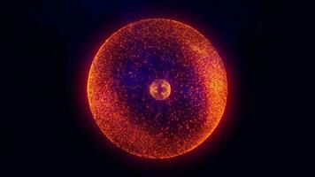 oranje geel energie gebied met gloeiend helder deeltjes, atoom met elektronen en elektrisch magie veld- wetenschappelijk futuristische hi-tech abstract achtergrond video