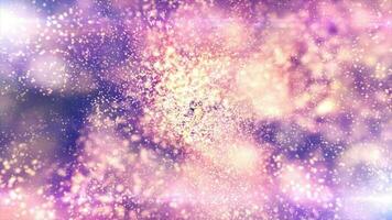 Purple looped background of many blurred circles with bokeh effect of energy magical glowing particles and light lines abstract background video