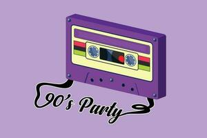 Cartoon flat style drawing old slogan with music cassette. Slogan 90s party logo, icon, label. Image for printing on t-shirt, clothes, postcard, background, banner. Graphic design vector illustration