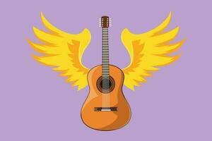 Character flat drawing stylized acoustic guitar with angel wings. Musical instrument isolated on blue background. Rock or jazz concert performance. Musical emblem. Cartoon design vector illustration
