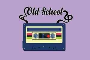 Graphic flat design drawing old school slogan with cassette tape icon, logo, label. Audio cassette with retro symbol isolated on blue background. Vintage music icon. Cartoon style vector illustration