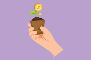 Cartoon flat style drawing hand with money plant in the pot. Money tree symbol of growth investment. Green cash banknotes with golden coins. Tree in a ceramic pot. Graphic design vector illustration