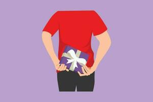 Graphic flat design drawing of man or husband surprise his wife by giving gift, romantic surprise. Birthday presents cardboard box with white ribbon bow logo, symbol. Cartoon style vector illustration