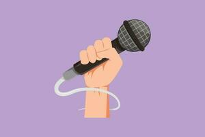 Character flat drawing microphone in hand logo, icon, label, symbol. Hand holding microphone in fist. Rock hand gesture holding microphone. Rock and roll music live. Cartoon design vector illustration
