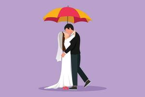 Character flat drawing romantic couple in love under rain with umbrella. Man and beautiful woman hugging and kissing with wedding dress. Married couple relationship. Cartoon design vector illustration