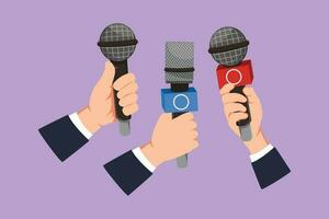 Character flat drawing interview concept with microphones on blue background. Newsmakers and interviewers. Different tv signs. Journalist hands holding mic devices. Cartoon design vector illustration