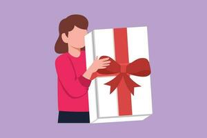 dibujos animados plano estilo dibujo retrato de energético loco niña sostener abrazo obtener grande blanco regalo caja con rojo cinta disfrutar aniversario evento fiesta. contento mujer con grande caja. gráfico diseño vector ilustración