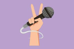 Graphic flat design drawing child hand holding microphone on blue background, closeup of hand. Mic with victory gesture. Karaoke kid sings song to microphone symbol. Cartoon style vector illustration