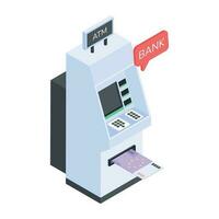 An isometric icon of atm transaction vector